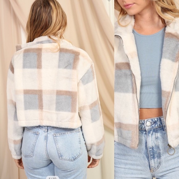 Timing Jackets & Blazers - Sherpa Zip Jacket in Plaid Taupe Sky